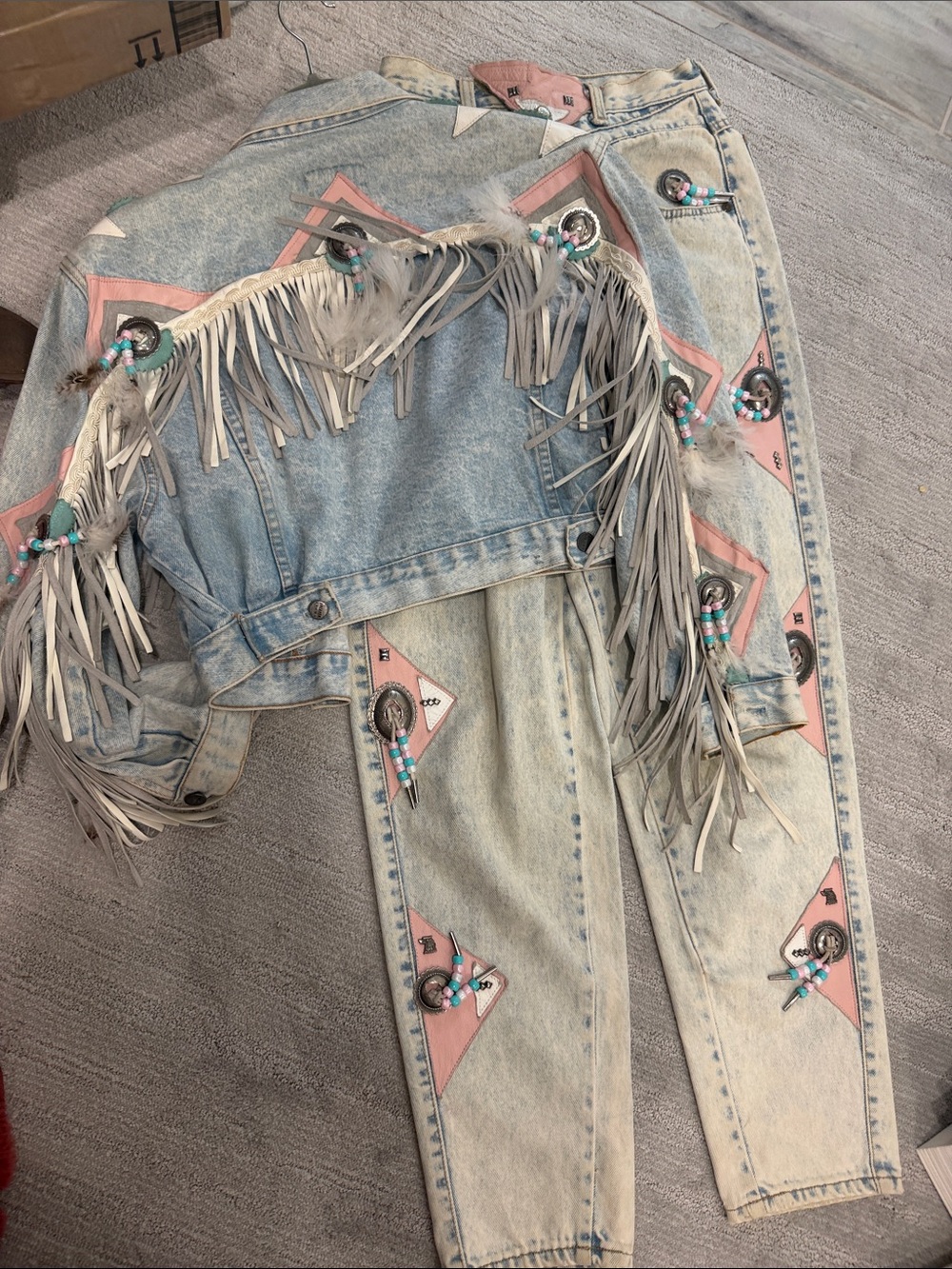 Light Wash Denim Fringe Jacket with Pink & Cream Accents